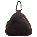 Dark brown crazy horse leather triangular coin pouch with black metal carabiner and zipper - Coffee