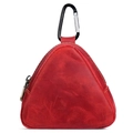 Red triangular crazy horse leather coin purse with yellow stitching and black carabiner - Red