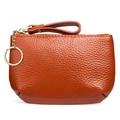 Orange lychee grain leather coin purse with zipper closure and gold keychain ring - Brown
