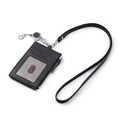 Black litchi leather ID badge holder with lanyard, zipper pocket, and retractable reel - Black