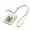 Beige leather badge holder with retractable lanyard and zipper pocket for cards and coins - Off White