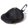 Mini portamonete in pelle nera a forma di cappellino con cuciture gialle e moschettone - Nero