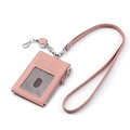 Pink leather lanyard ID badge holder with zipper pocket and retractable reel - Pink