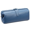 Blue leather makeup bag with pebble grain texture and metal snap button closure - Light Blue
