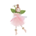 Pink fairy fabric doll with macaron colors, mesh skirt and green leaf wings hanging ornament - Pink