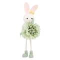 Plush Easter bunny ornament with green flower, pink ears and long rope legs - Green