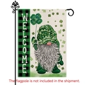 Saint Patrick's Day garden flag featuring a gnome with clover and Welcome text - Green Gnome Garden Flag
