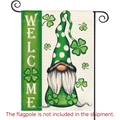 St. Patrick's Day garden flag featuring welcome gnome and green shamrocks on burlap - Long Hat Gnome Garden Flag