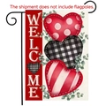 Plaid heart garden flag with Welcome text, red and black buffalo check valentines decor - Three Hearts Style