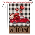 Valentine's Day garden flag with red truck heart design and black buffalo plaid welcome - Plaid Red Truck Style