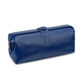 Dark blue pebbled leather cosmetic bag with gold buckle and contrast white stitching - Sapphire Blue