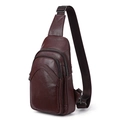 Dark brown vegetable-tanned leather crossbody bag with multiple zippers and wide strap - Brown