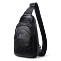 Sleek black vegetable tanned leather sling bag with glossy finish and silver zippers - Black