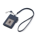 Dark blue leather RFID ID card holder with zipper pocket and retractable lanyard strap - Dark Blue