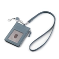 Morandi blue leather ID card holder with zipper pocket and retractable lanyard set - Grey Blue