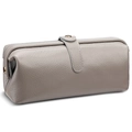 Gray lychee grain leather makeup bag with elegant gold metal snap button closure - Medium Grey