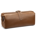 Brown lychee grain leather makeup bag with gold buckle and white stitching detail - Khaki