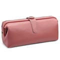 Pink lychee grain leather makeup bag with metal frame closure and secure snap buckle - Pink