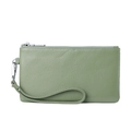 Sage green lychee pattern leather wallet with silver zipper and wrist strap - Light Green