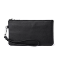 Black pebble leather clutch wallet with silver zipper closure and wrist strap - Black