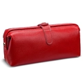 Red lychee grain leather makeup bag with vintage frame closure and button strap - Red
