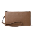 Brown litchi grain genuine leather wristlet wallet with a secure silver metal hook - Khaki