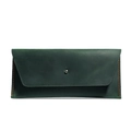 Minimalist long dark green leather wallet with silver stud closure and orange hand-stitching - Green