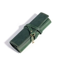 Handmade dark green leather roll pencil case with vintage bronze key pendant closure - Green