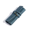 Vintage blue genuine leather pen roll wrap with brass key charm and yellow stitching - Blue