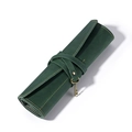 Dark green crazy horse leather roll-up pencil case with vintage metal key pendant - Green