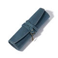 Vintage dark blue crazy horse leather roll-up pencil case with retro key charm - Blue