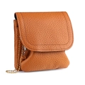 Brown litchi grain leather coin purse with elegant gold bead chain strap and flap closure - Earthy Yellow