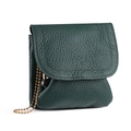 Dark green lychee texture leather coin purse with golden bead chain and flap closure - Dark Green