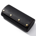 Three-slot black leather watch travel case with cylinder shape and contrast stitching - Black