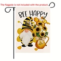 Garden flag with bee gnome and sunflower design featuring BEE HAPPY text on a cream fabric - Gnome Bee Style