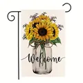 Drapeau de jardin avec tournesols en pot Mason et texte Welcome sur un support noir - Style Bouquet de Tournesols en Vase