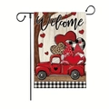 Valentine's Day garden flag with red truck, gnomes, and welcome sign on metal stand - Truck Under Tree Style