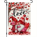 Double-sided Valentine Garden Flag with gnomes and HELLO love text on linen - Couple Gnomes Style