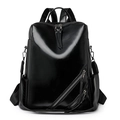 Fashionable black glossy faux leather backpack with stylish dual side zippers for women - Black