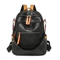 Chic black PU leather patchwork backpack for women with contrast tan handles and zippers - Black