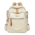 Front view of cream textured leather backpack for women with brown trim and zippers - White