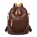 Minimalist brown faux leather multi-pocket backpack with adjustable straps and top handle - Coffee