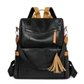 Fashionable black faux leather backpack with contrast stitching and yellow tassel accent - Black