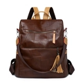 Dark brown PU leather backpack for women with patchwork design and tassel charm - Coffee