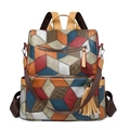 Women's 3D geometric patchwork leather backpack with colorful mosaic and tassel detail - Color Block