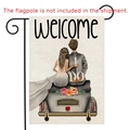 Wedding garden flag with welcome message and newlyweds in a vintage car on linen fabric - Vintage Wedding Car Style (DF-01)