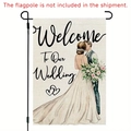 Wedding linen garden flag featuring bride and groom illustration with welcome message - Couple Kissing Style (DF-03)