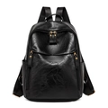 Classic black leather-textured women's backpack with gold hardware on white background - Black