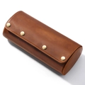 Vintage brown leather travel watch roll with four secure golden metal snap buttons - Brown