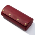 Three-slot travel watch roll case in vintage burgundy leather with metallic gold snaps - Red